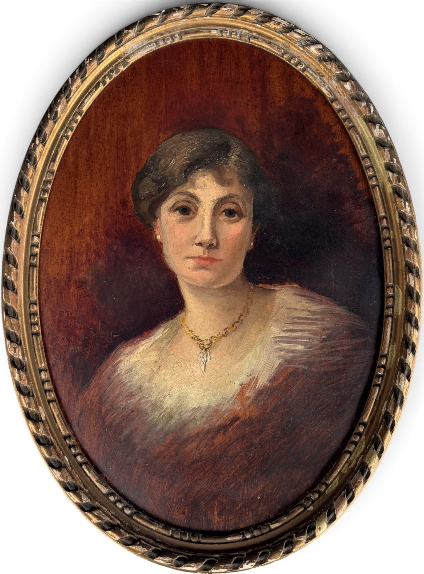 Antique Portrait Painting of a Lady, Signed & Dated 1913, Oil on Wood